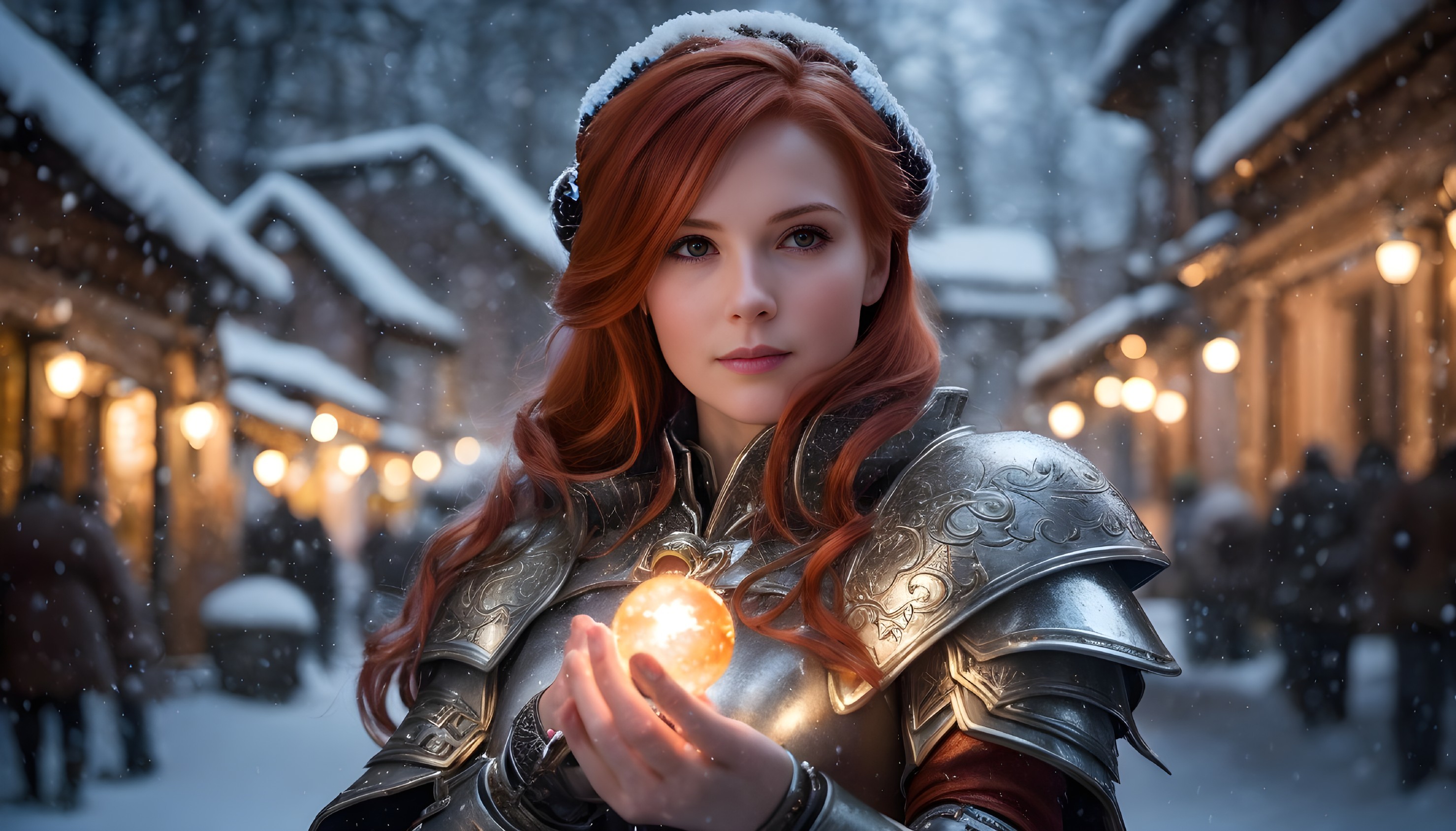 Young Woman in Silver Armor in Snowy Village