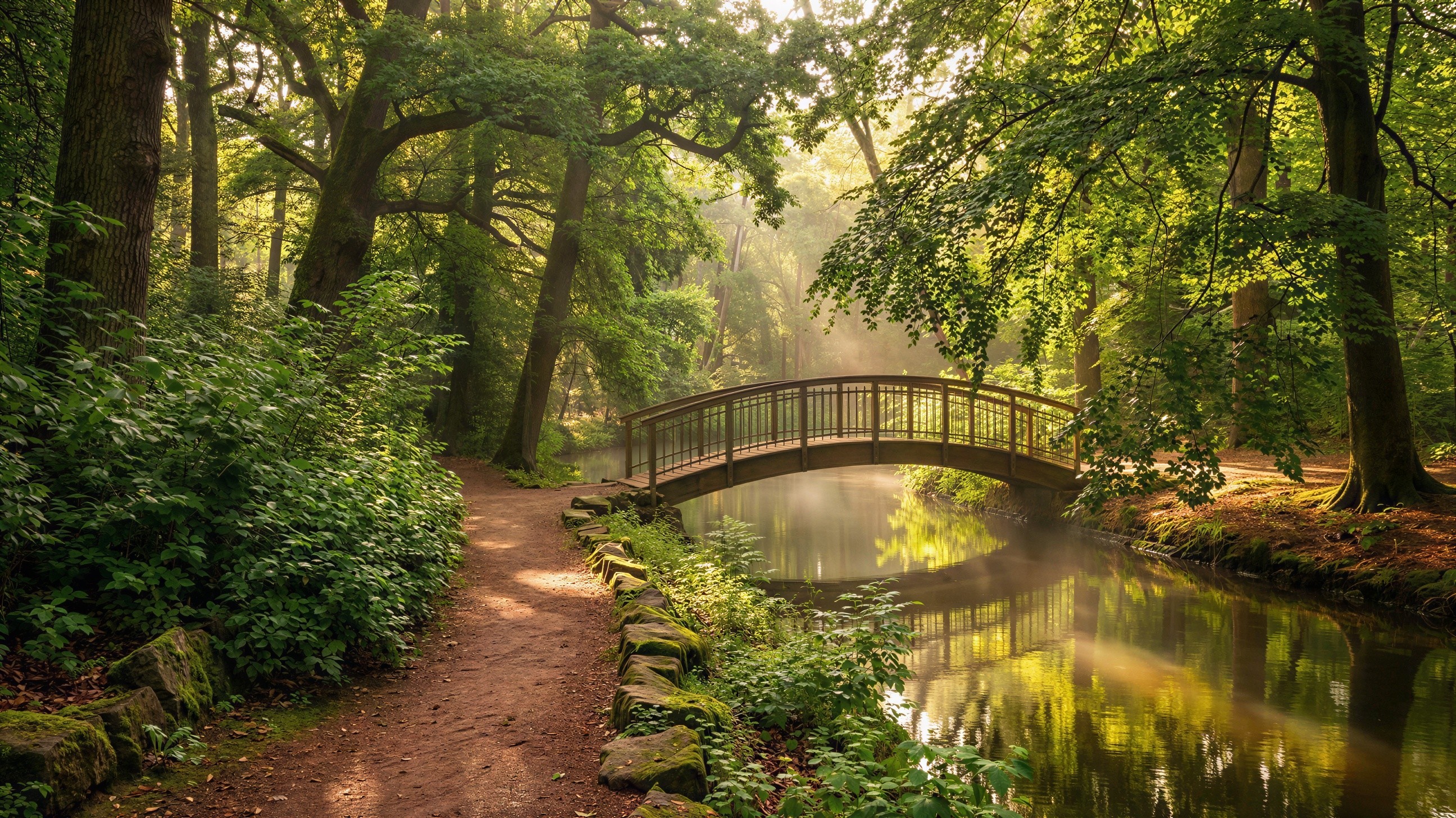 Lush Green Forest with Wooden Bridge over Calm River