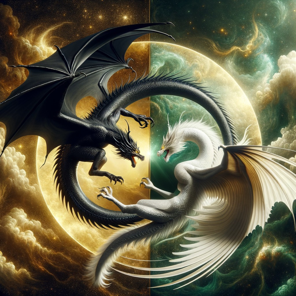 Fantasy Scene of Black and White Dragons Battling