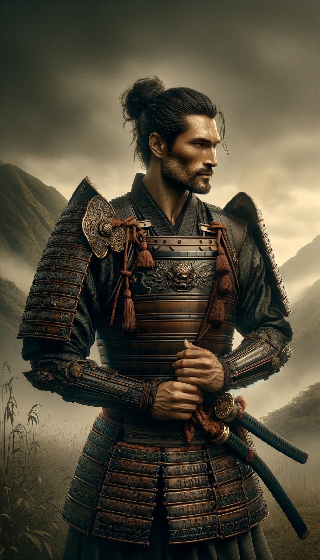 Stoic Warrior in Vintage Samurai Armor Against Misty Hills