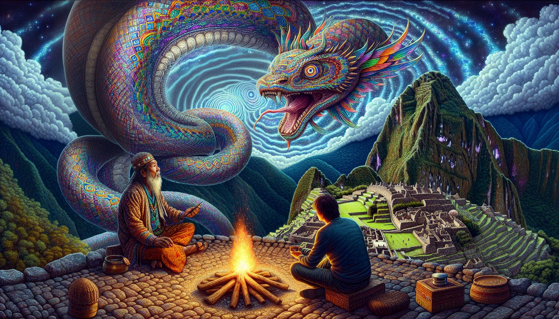 Mystical Mountaintop Scene with Serpent and Ruins