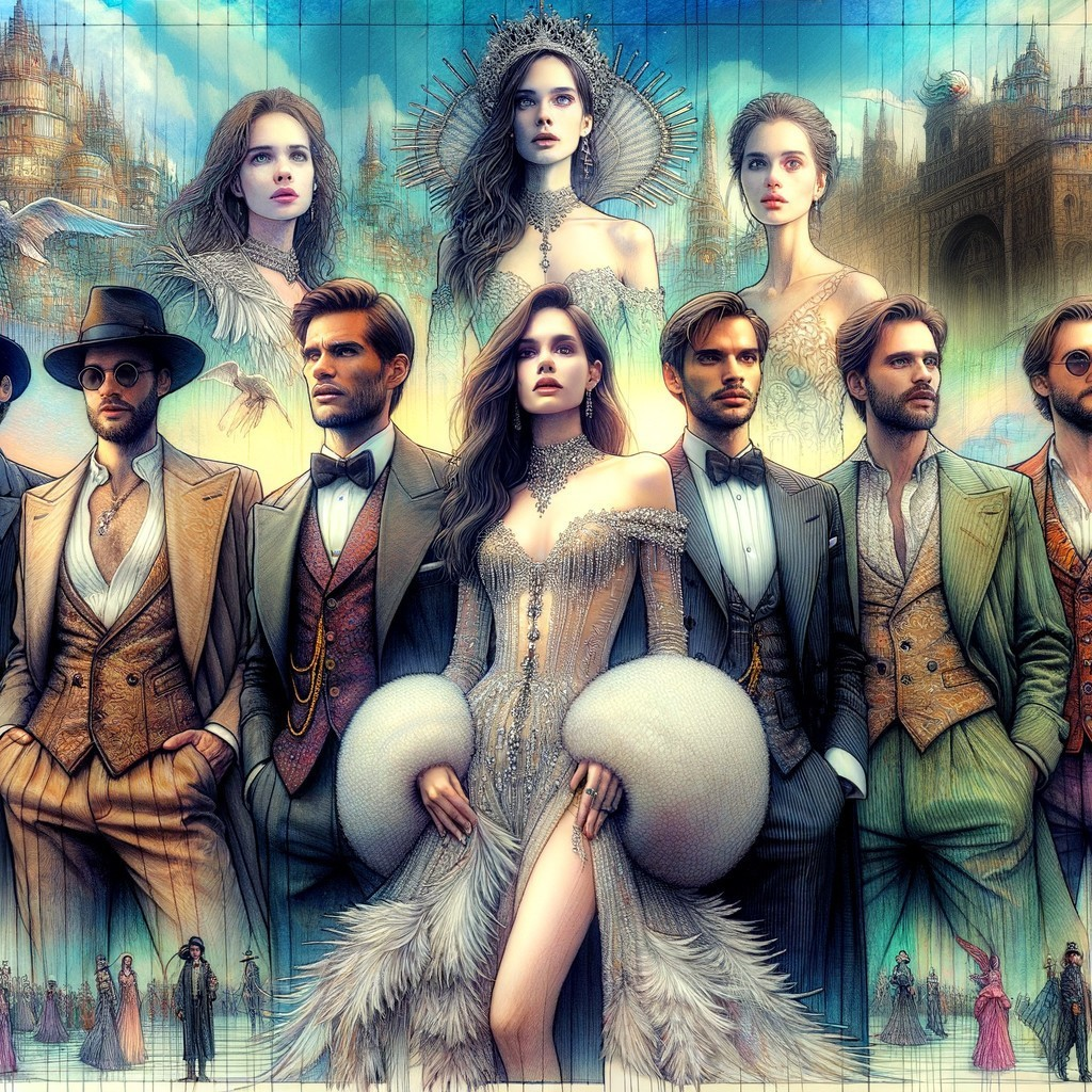 Elegant Individuals in Artistic Setting with Glamorous Styles