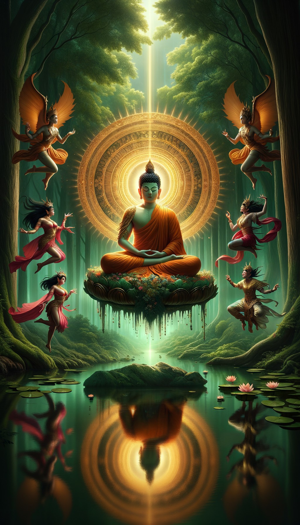 Buddha Meditating Above a Tranquil Pond in Forest