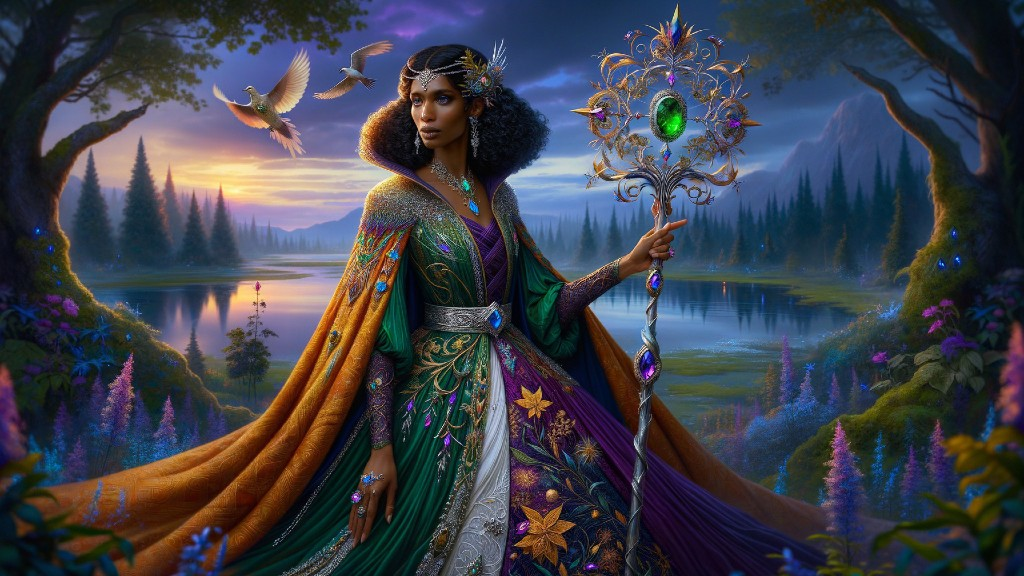 Regal figure by serene lake in vibrant gown at twilight