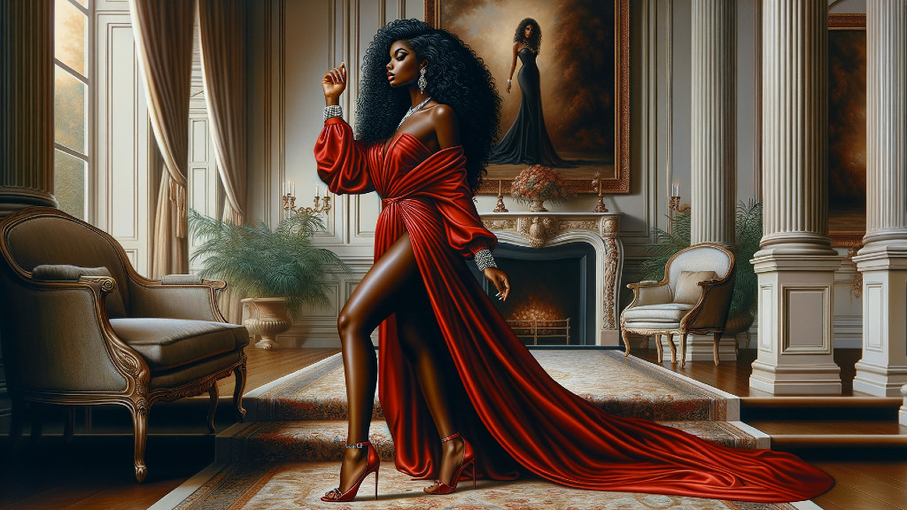 Elegant Figure in Red Gown in Luxurious Room