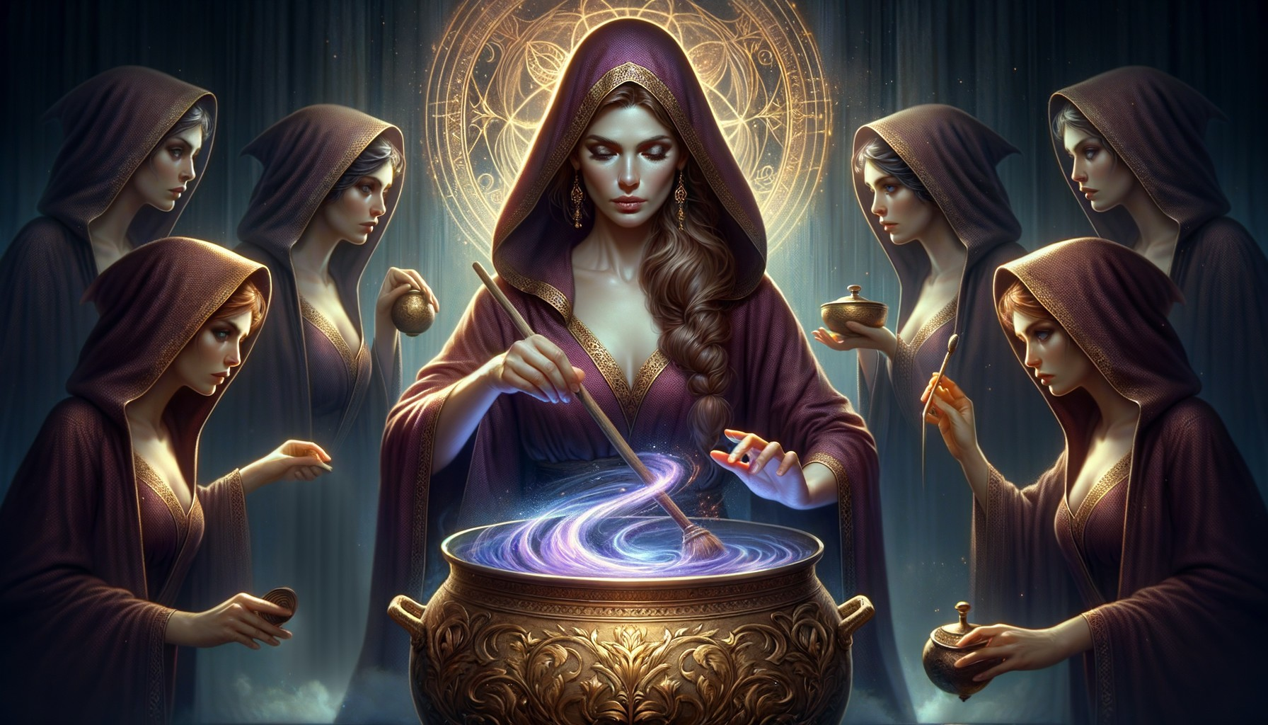 Sorceress and Hooded Figures in Dimly Lit Chamber