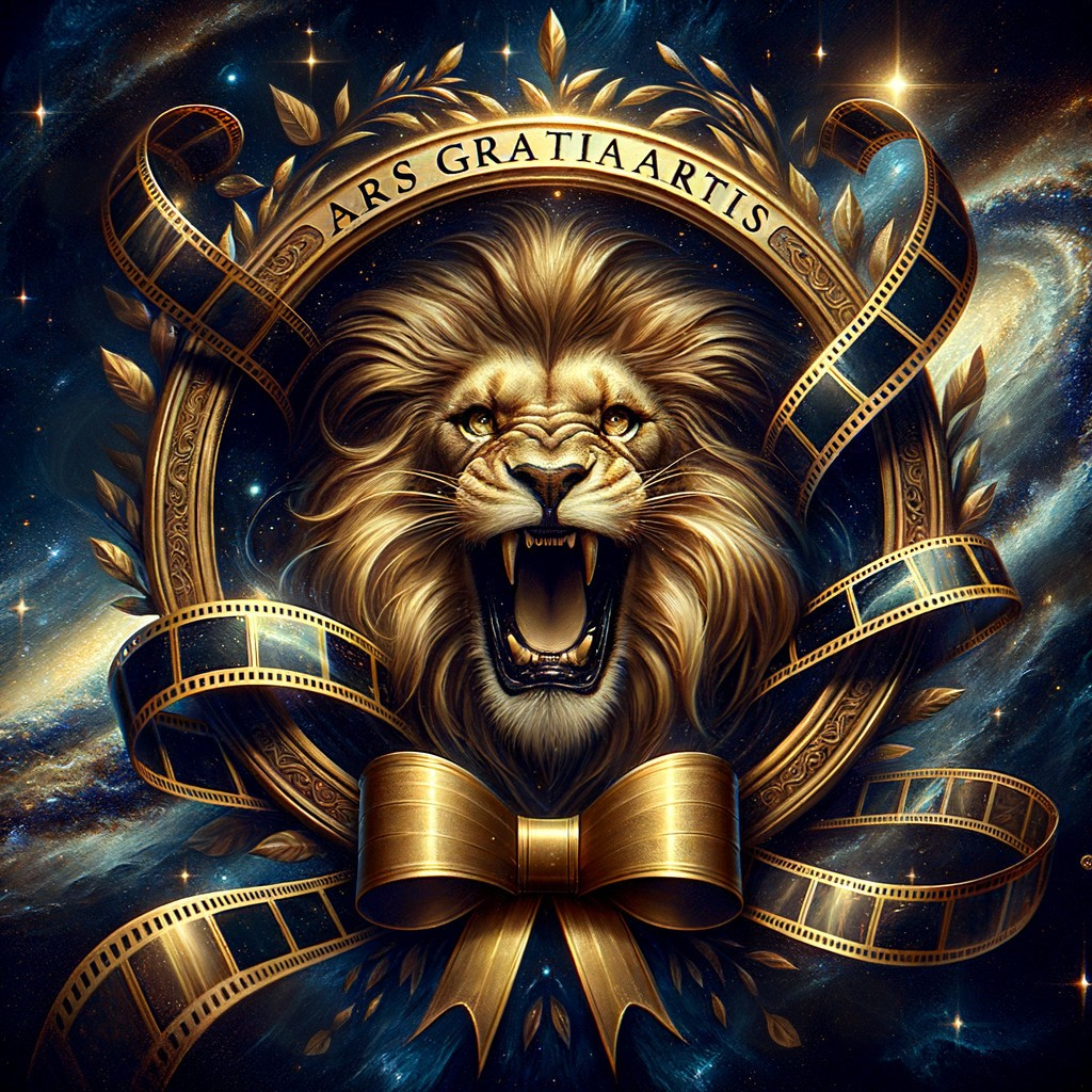 Lion Roaring in Cosmic Scene with Film Emblem