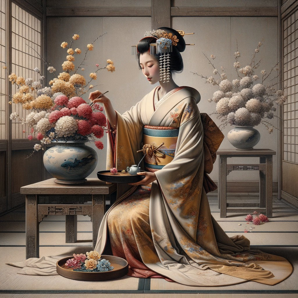 Woman in Traditional Attire Arranging Colorful Flowers