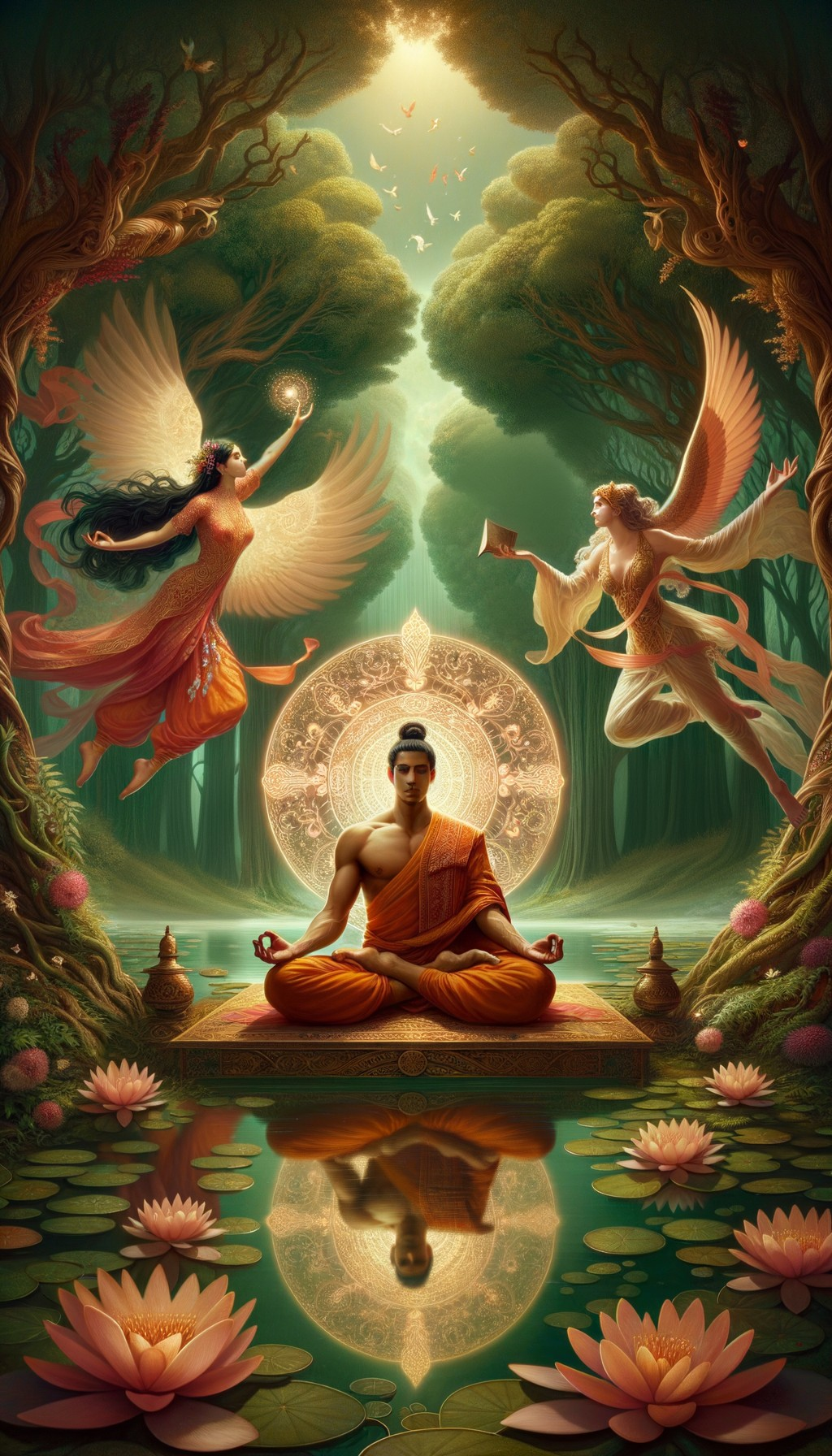 Buddha Surrounded by Celestial Beings in a Forest Scene
