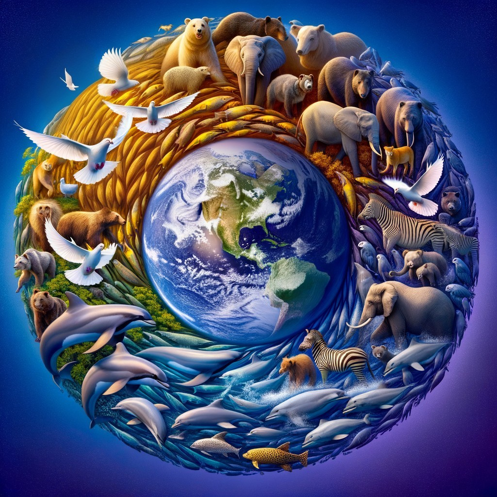 Stylized Globe Surrounded by Diverse Animals and Nature
