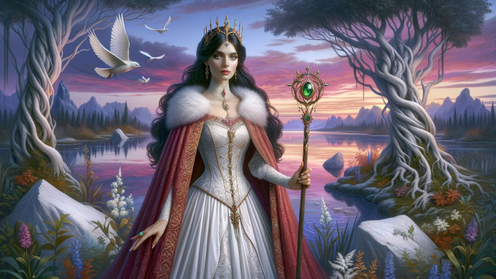 Regal figure in white gown with red cape and crown