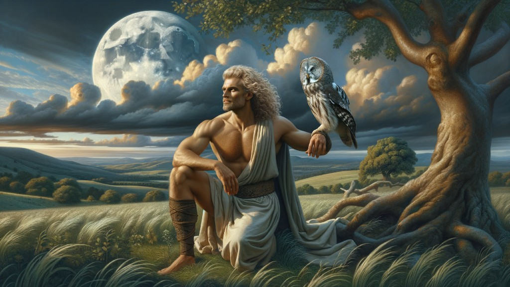 Muscular Man in Toga with Owl Under Moonlit Sky