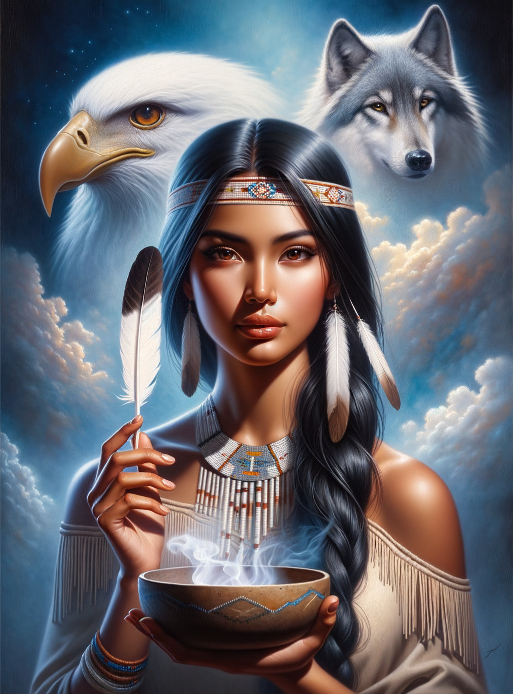 Indigenous Woman in Traditional Attire with Nature Symbols