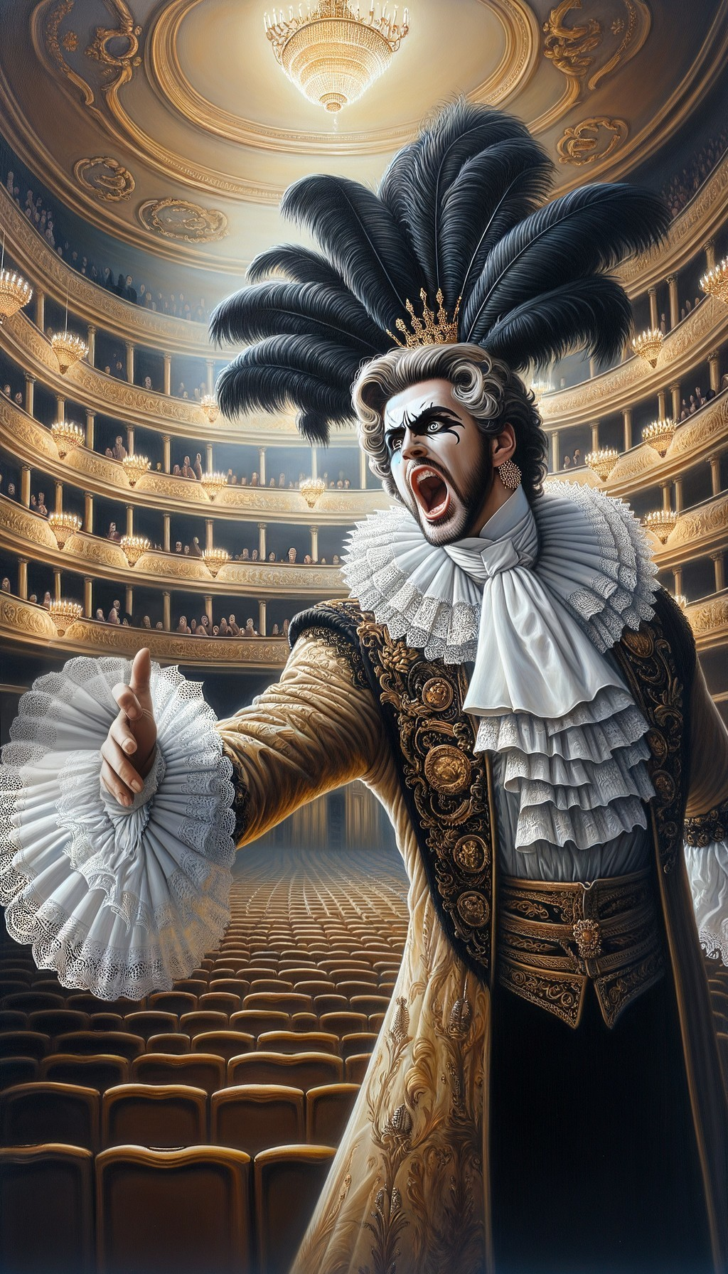 Dramatic Opera Performer in Lavish Costume on Stage
