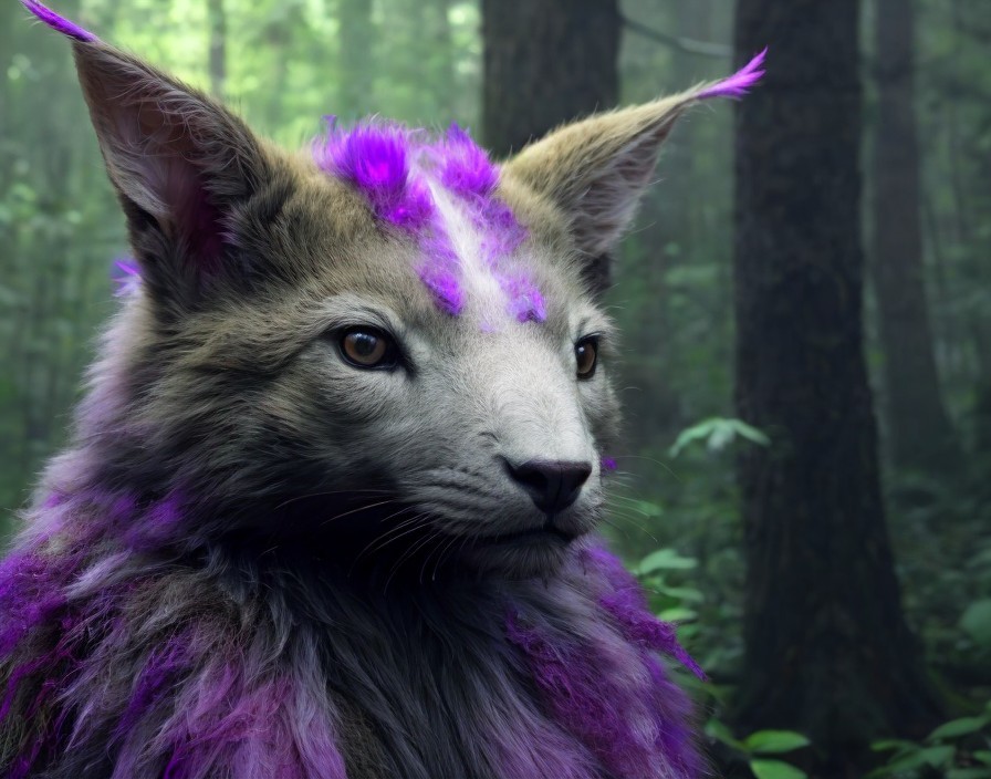 Anthropomorphic Wolf Creature Artwork with Purple Fur in Mystical Forest