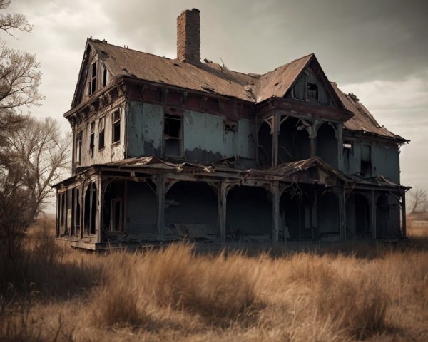 Weathered Blue Paint on Dilapidated Two-Story House in Tall Grass
