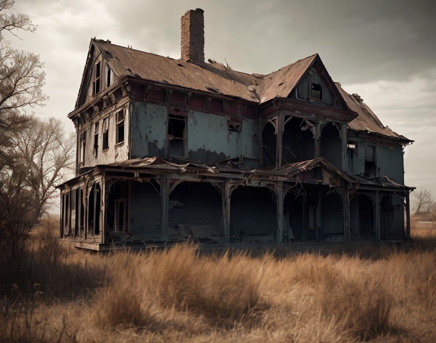 Weathered Blue Paint on Dilapidated Two-Story House in Tall Grass