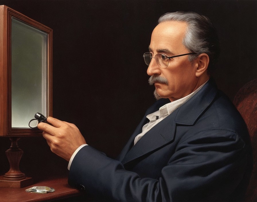 Well-groomed man with mustache holding glasses gazes at blank canvas