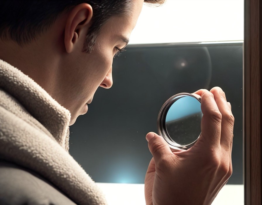 Person in warm jacket using magnifying glass at window
