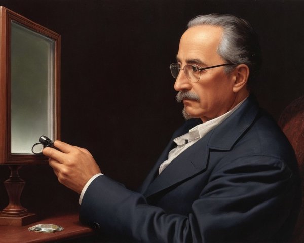 Well-groomed man with mustache holding glasses gazes at blank canvas