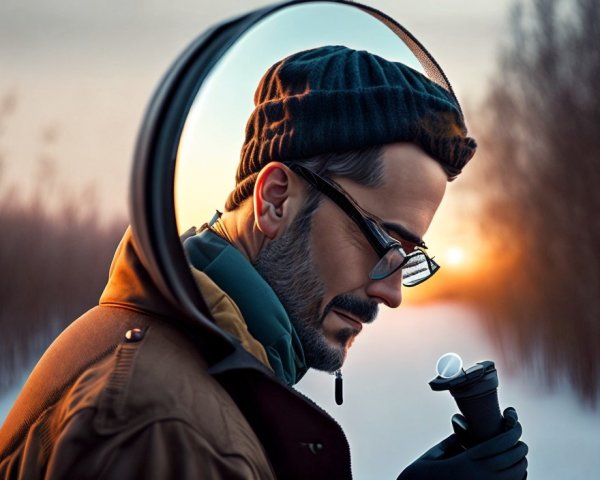 Man in glasses with winter cap and headphones at sunset