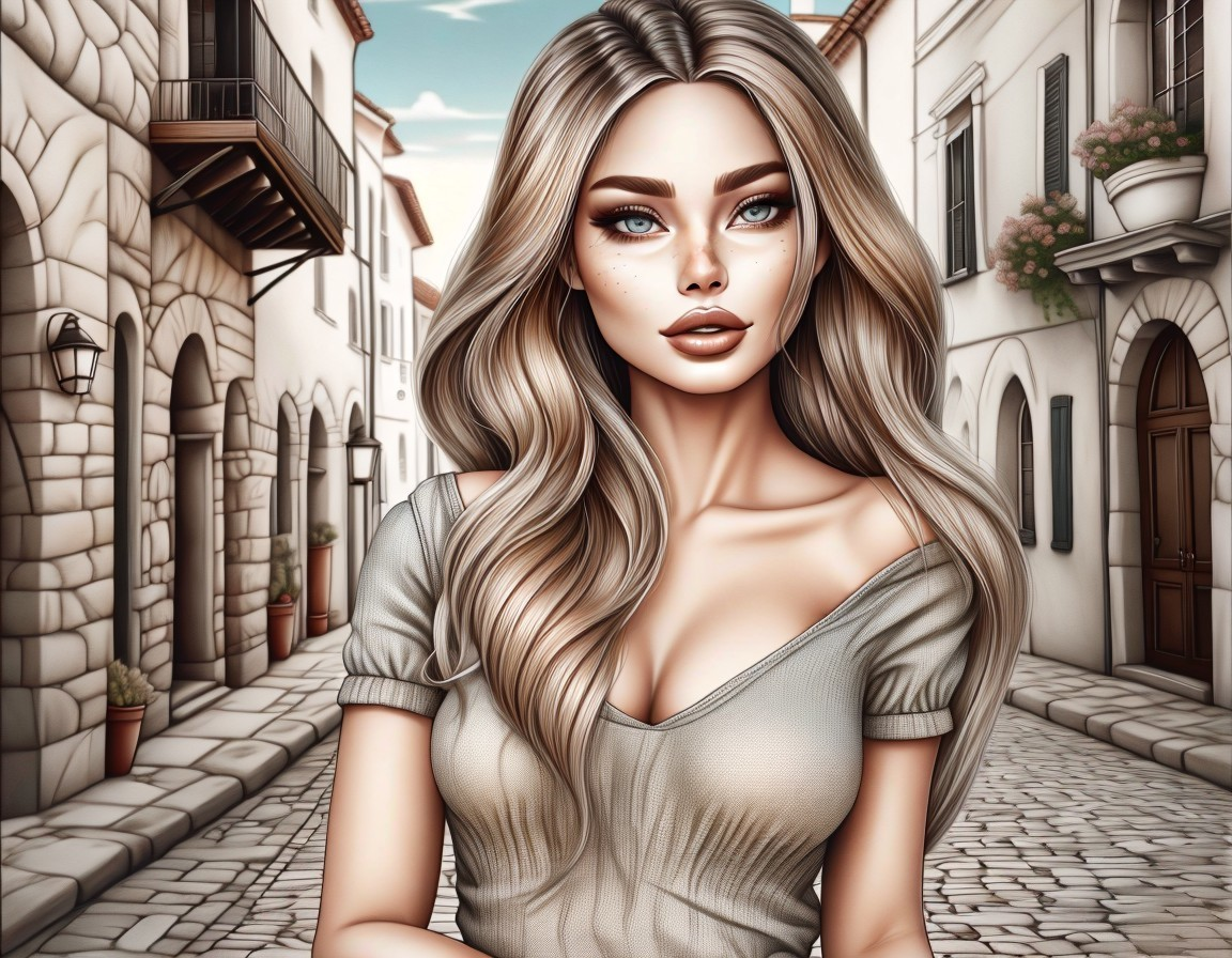 Stylish Woman in Picturesque Cobblestone Village
