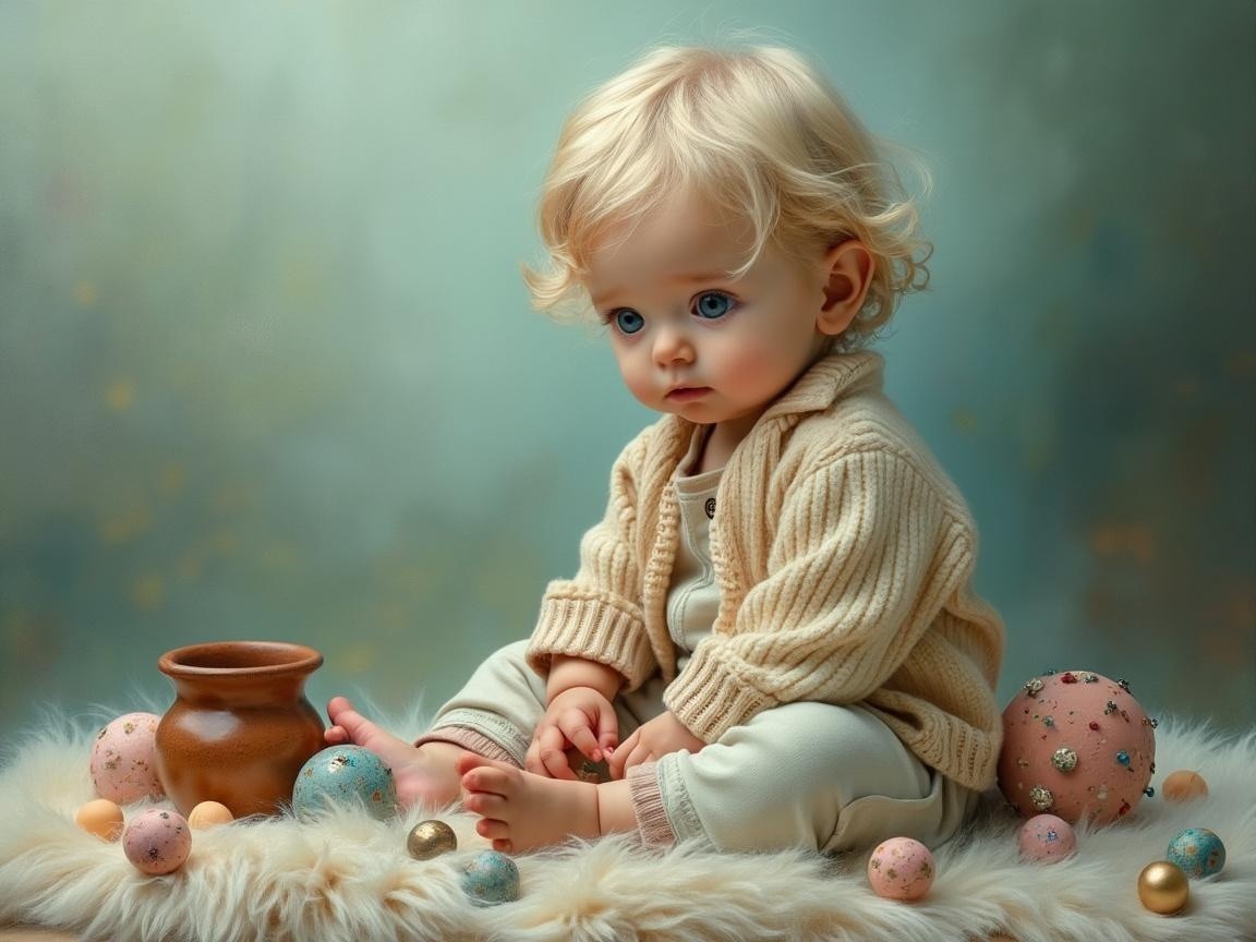 Toddler with Curly Blonde Hair Surrounded by Eggs