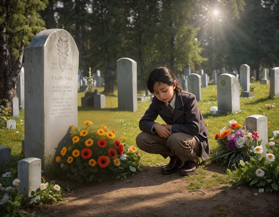 Child in Formal Attire at Sunlit Cemetery with Flowers