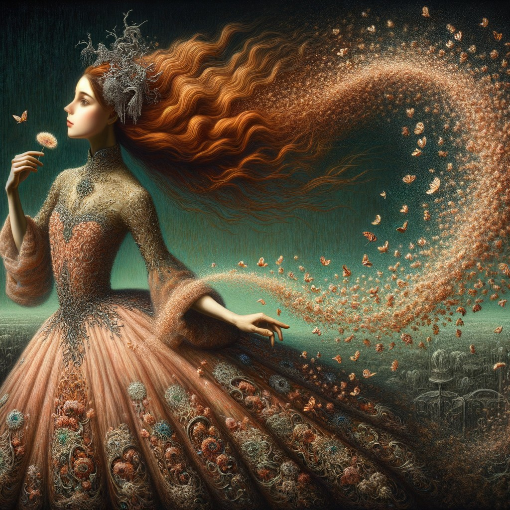 Whimsical Figure in Floral Gown with Butterflies