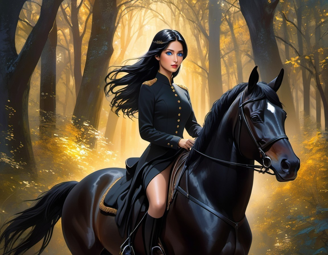 Young Woman on Black Horse in Luminous Forest
