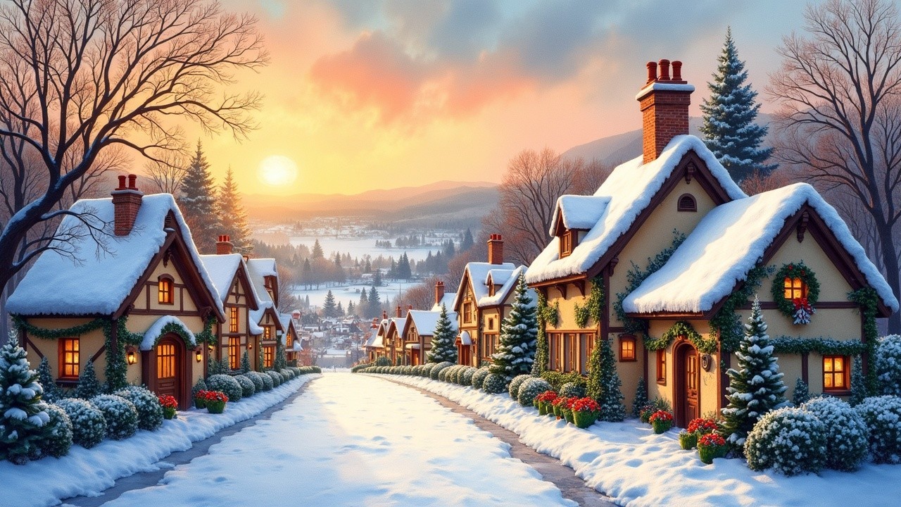 Cozy Winter Village with Snow and Christmas Decor