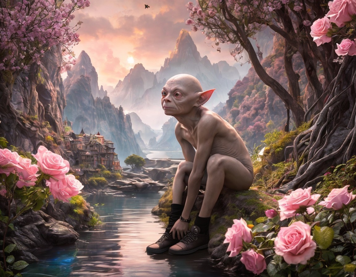 Unique creature by serene lake in a fantastical landscape