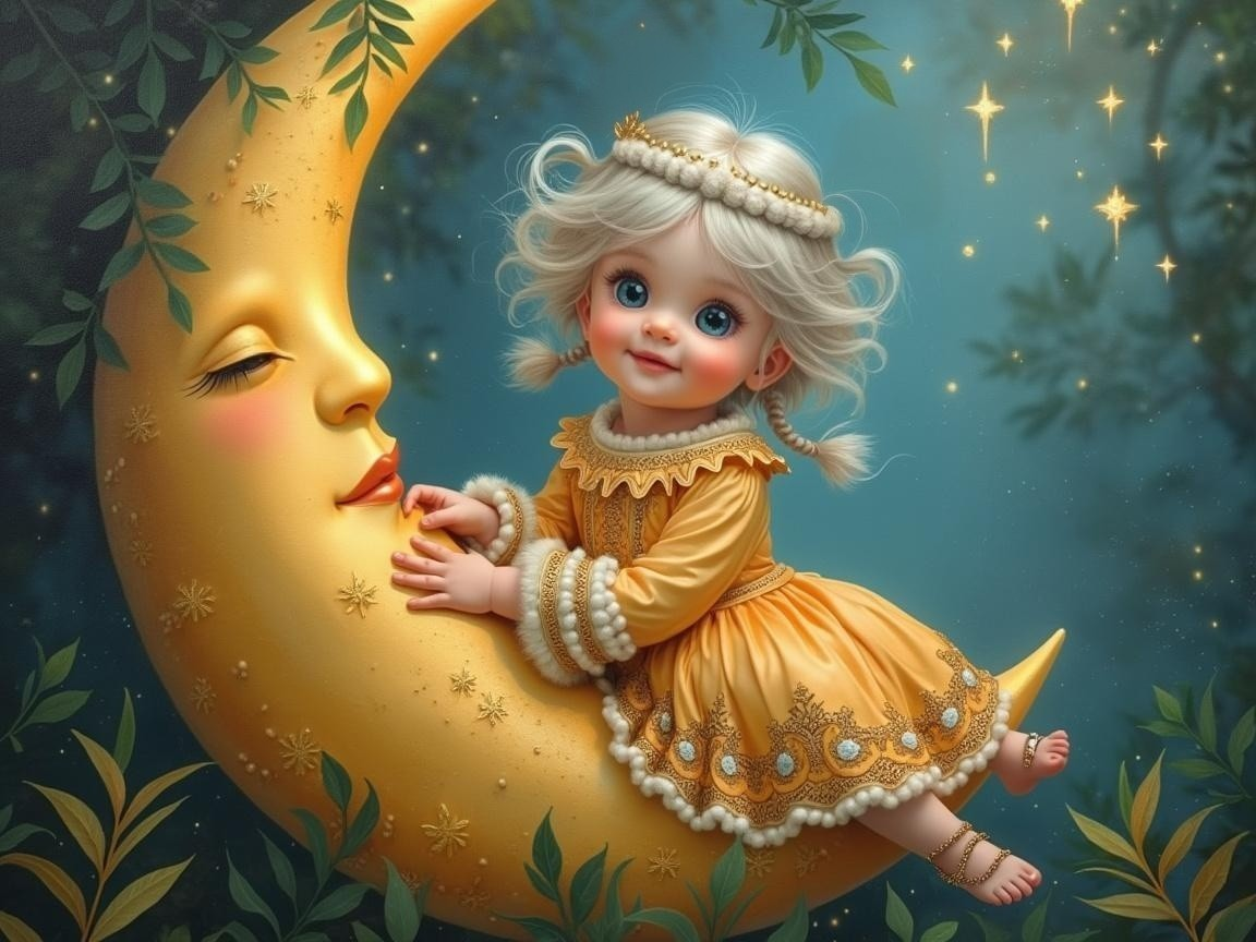 Charming Child on Crescent Moon in Nighttime Scene