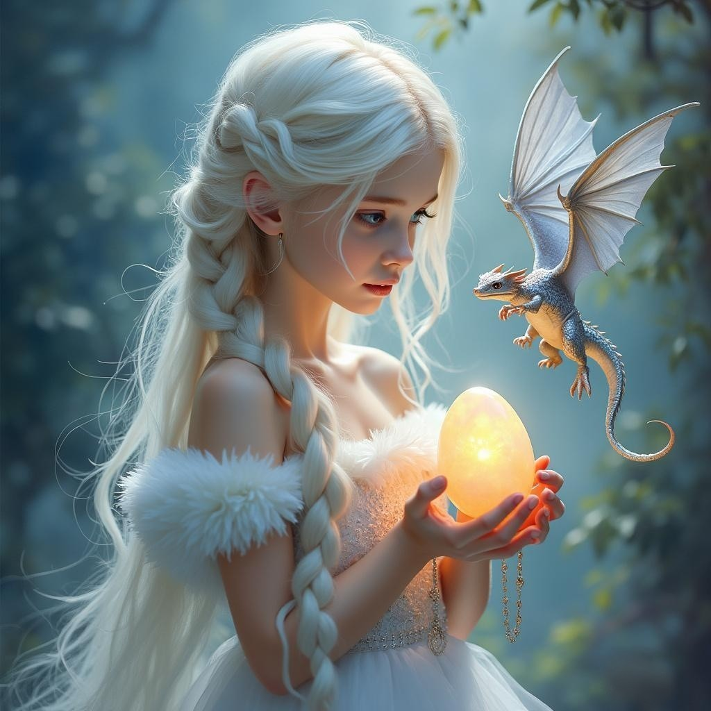 Young girl with white hair holds glowing egg in forest