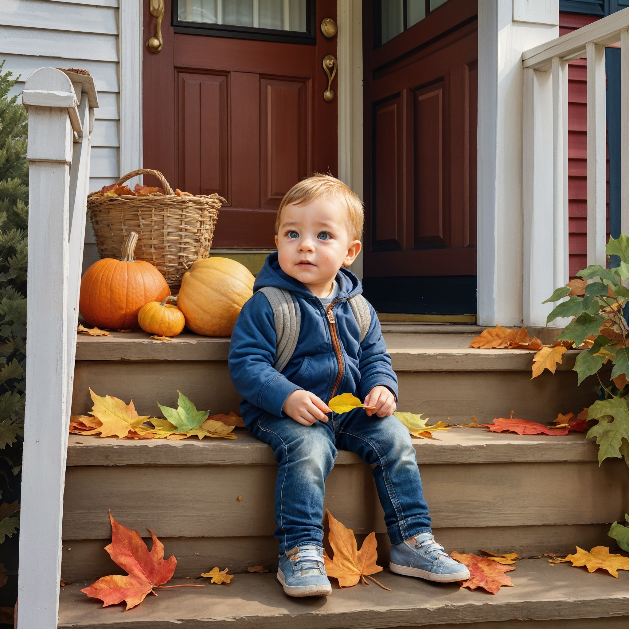 Cheerful Toddler on Porch with Autumn Leaves and Pumpkins