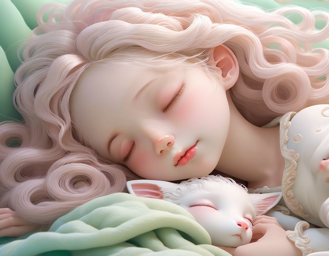 Serene Scene of a Girl with Pale Pink Hair Sleeping