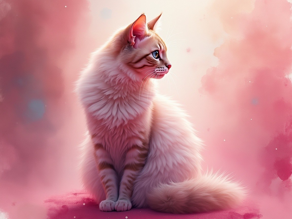 Fluffy White Cat with Orange Stripes on Pink Background