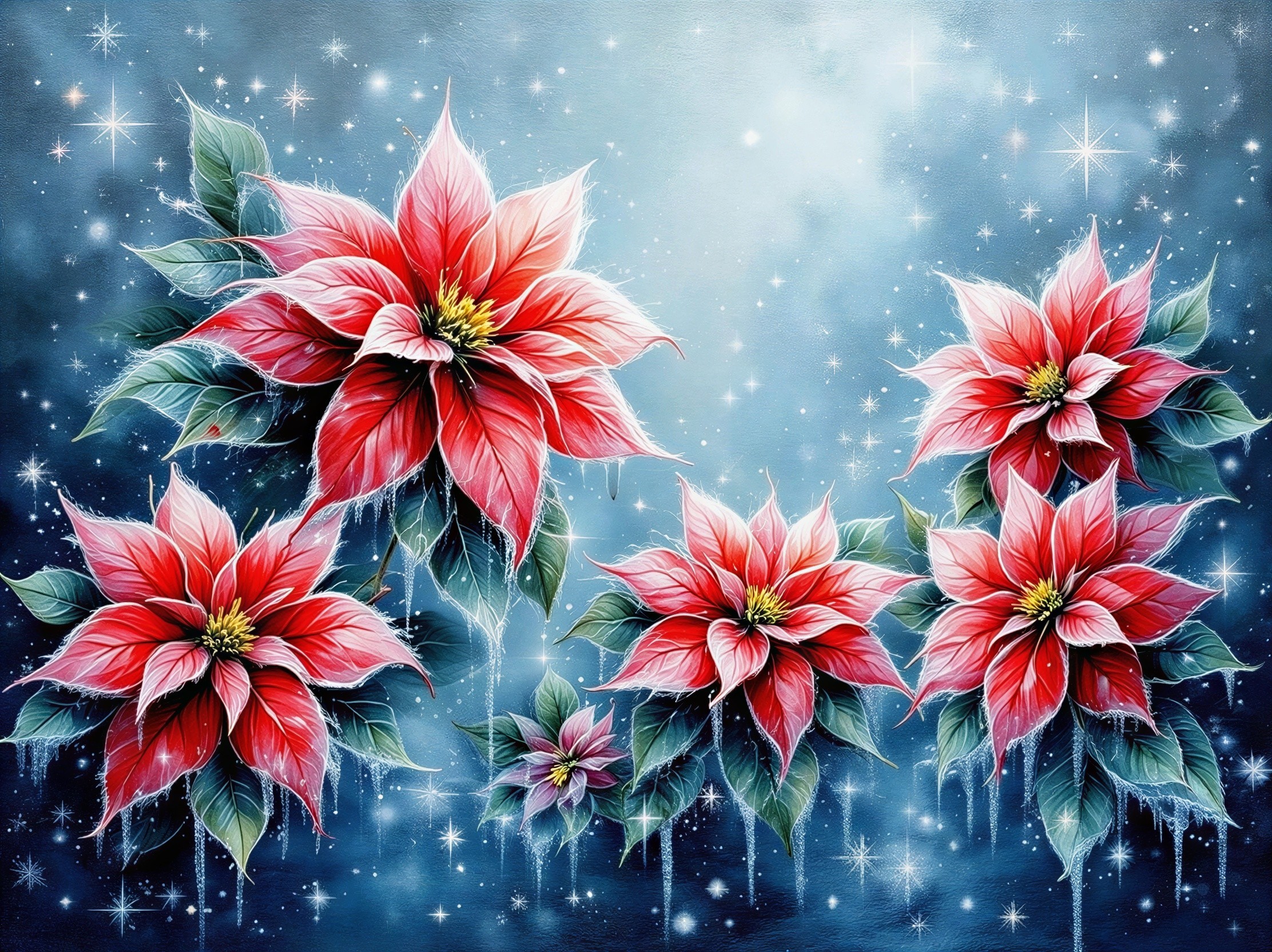Digital Artwork of Poinsettias with Ice and Stars