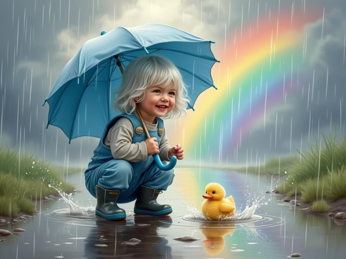 Child with Umbrella and Duck in a Rainy Scene