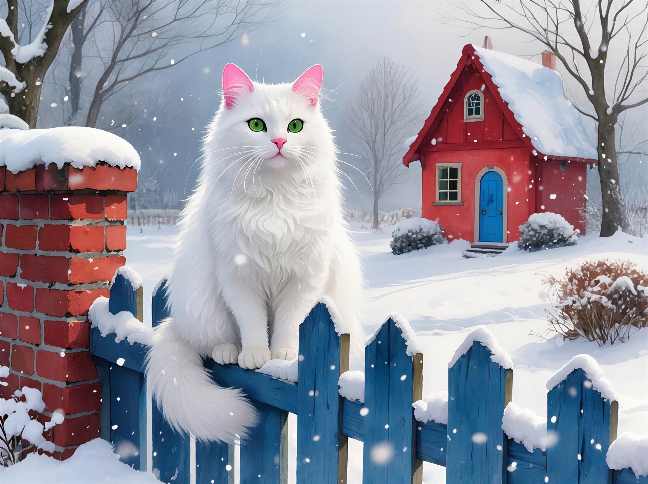 Digital Painting of White Cat on Snowy Fence Scene