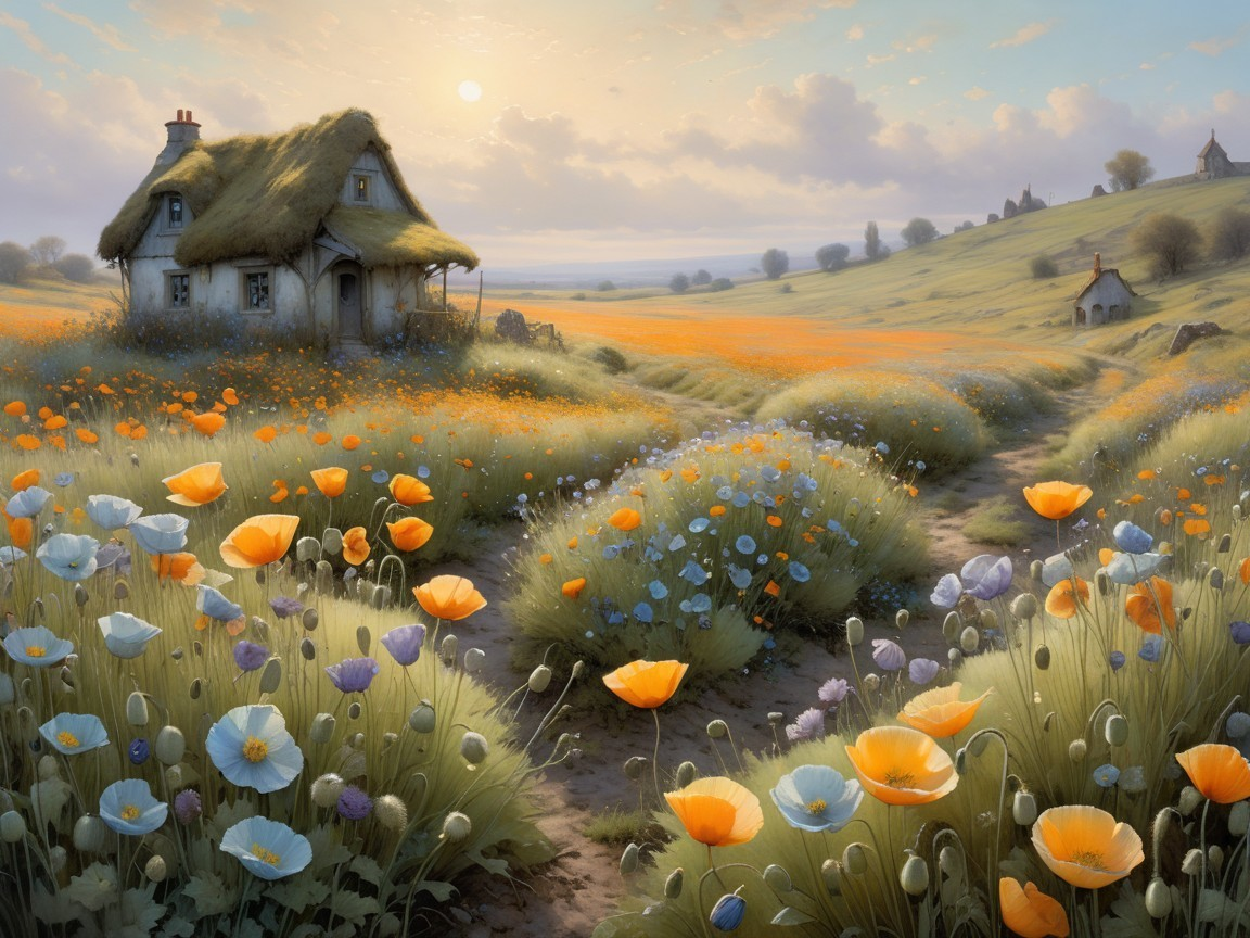 Countryside Scene with Cottage and Wildflowers