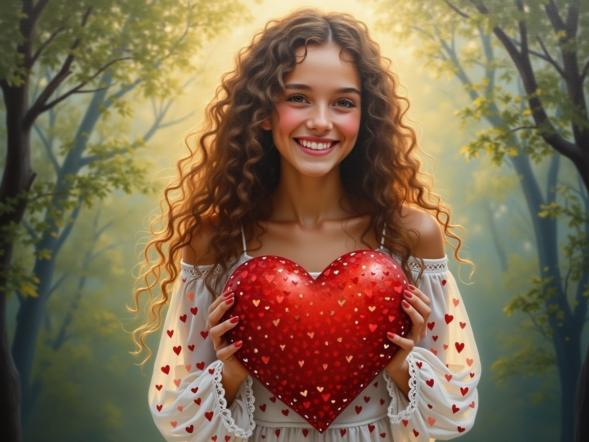 Joyful Woman Holding Red Heart in Lush Forest