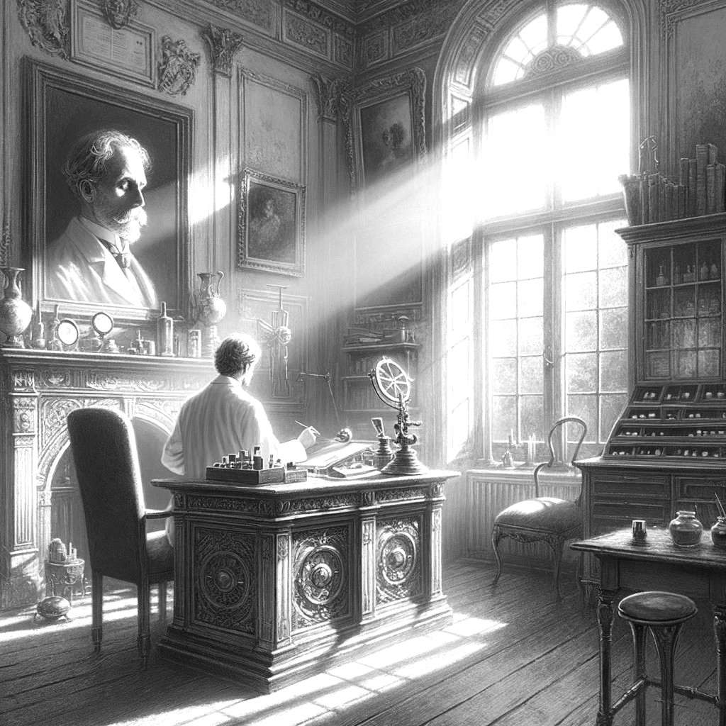 Vintage Study with Desk, Instruments, and Books