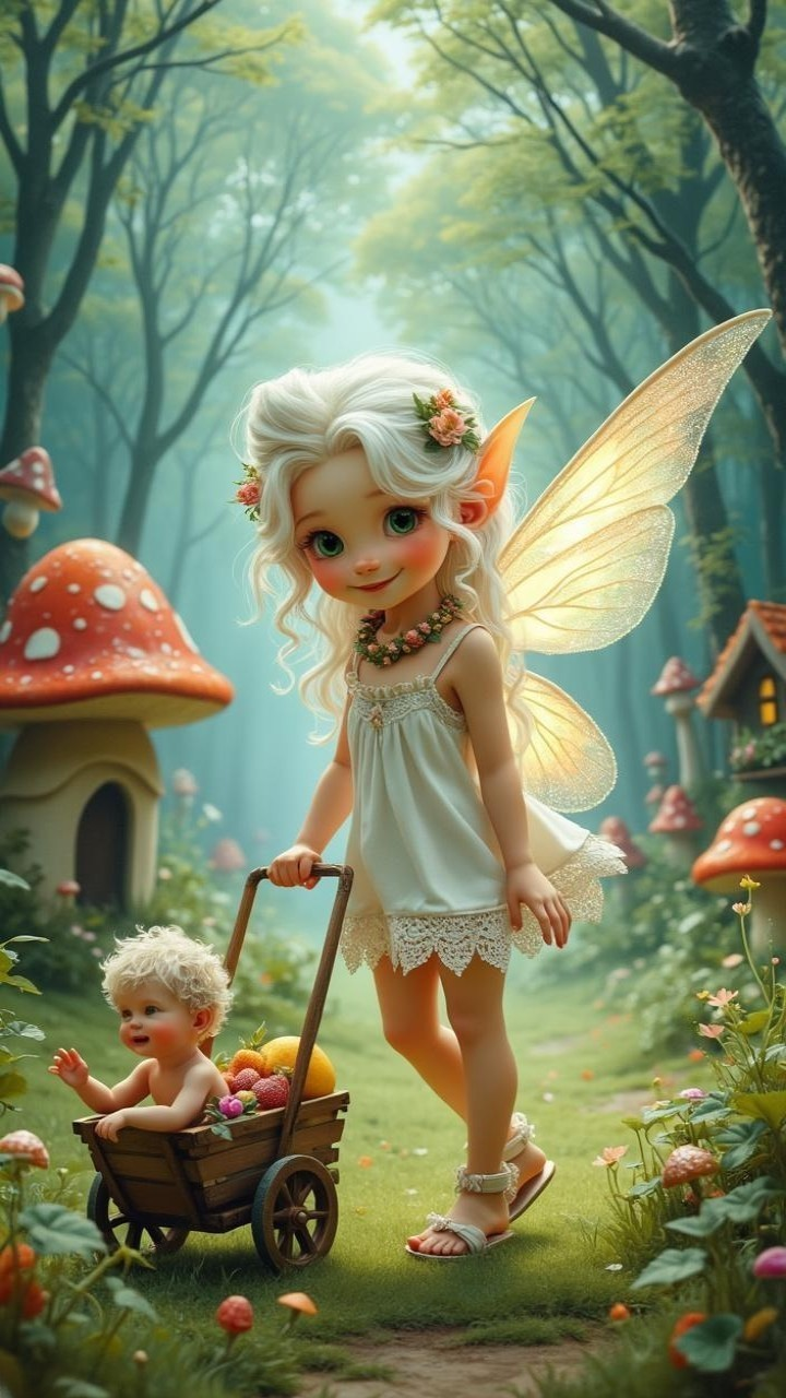 Whimsical Fairy in Enchanted Forest with Fruit Cart