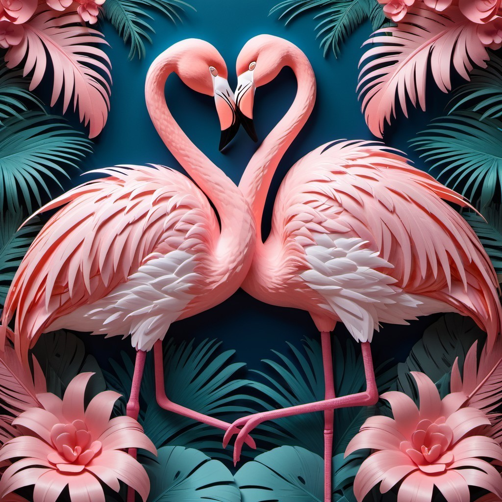 Pink Flamingos Forming Heart Shape in Tropical Setting