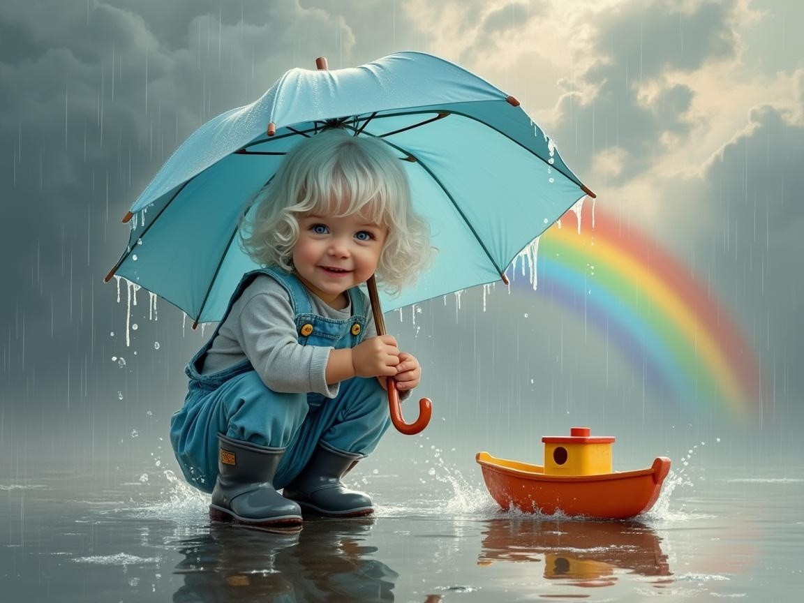 Child with Umbrella in Rain and Vibrant Rainbow