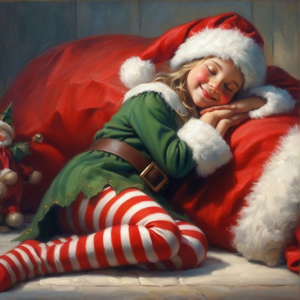 Young Girl in Elf Costume Sleeping on Red Pillow