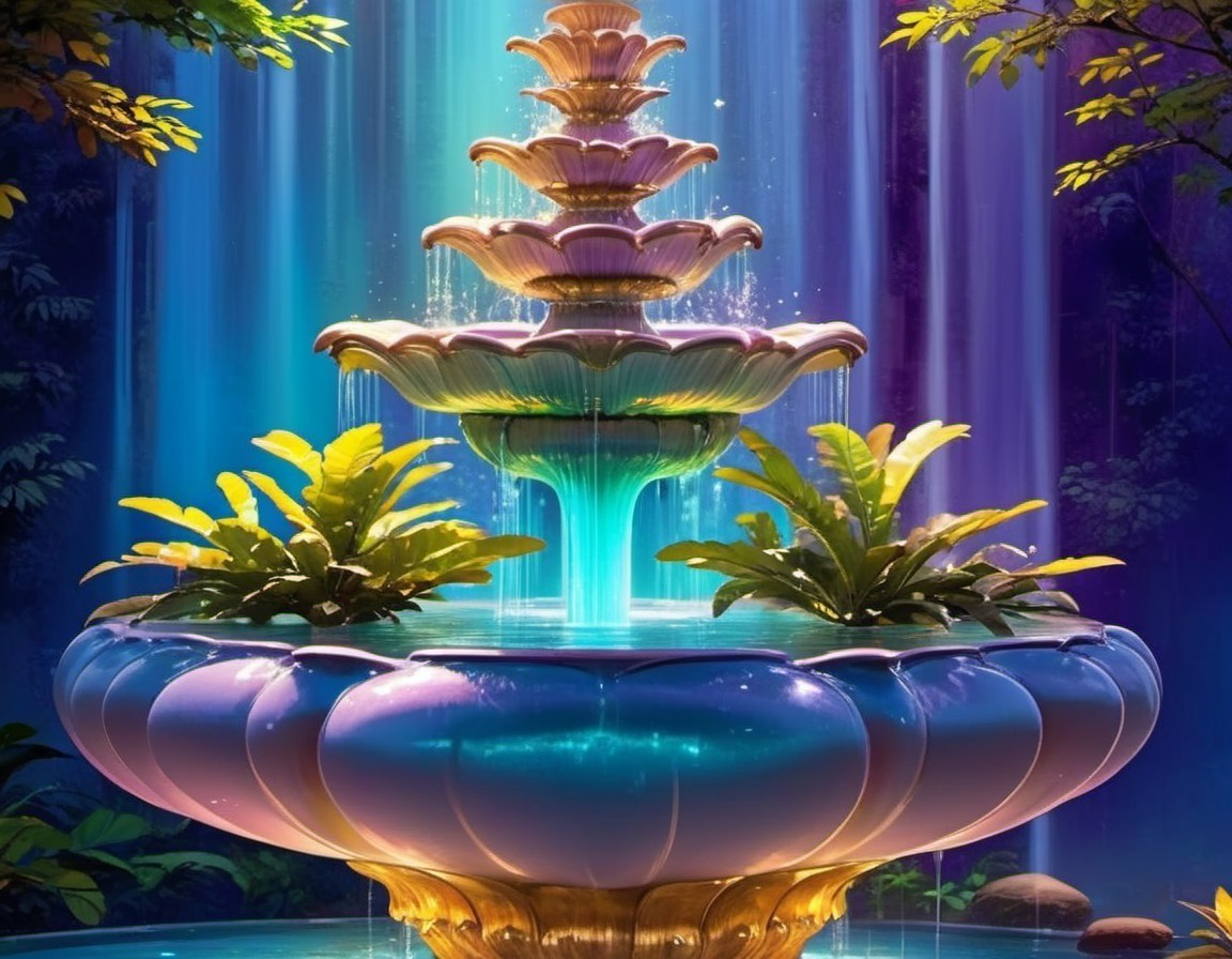 Multi-Tiered Fountain Surrounded by Lush Greenery