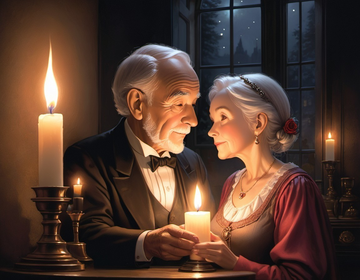 Elderly Couple in Candlelit Room Expressing Love