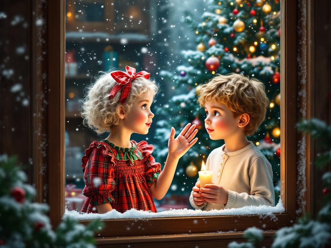Children Observing Snowy Scene Through Frosted Window